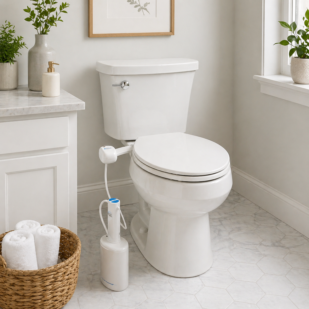 bidet installed on toilet in white bathroom