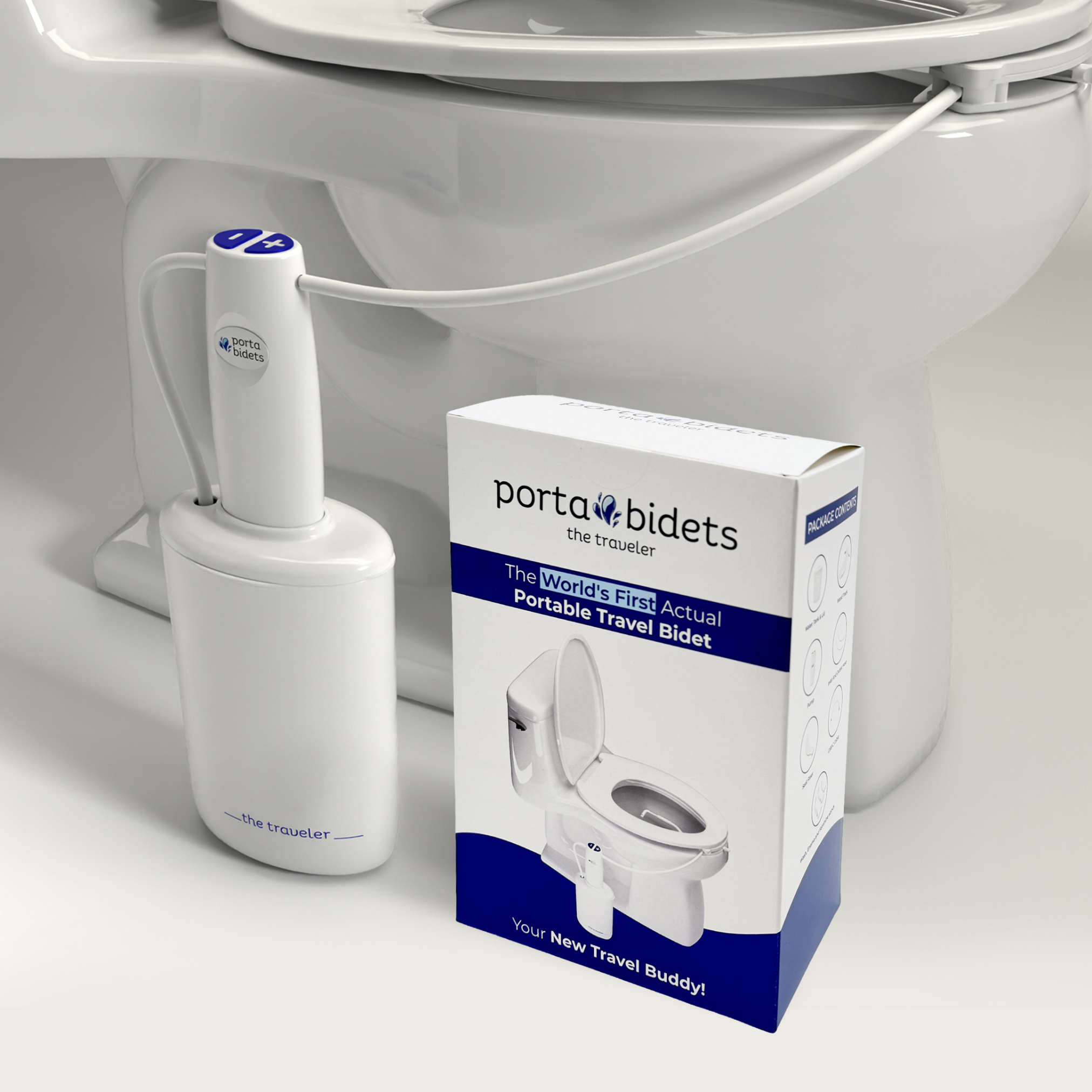 Portable bidet and its packaging in front of a toilet