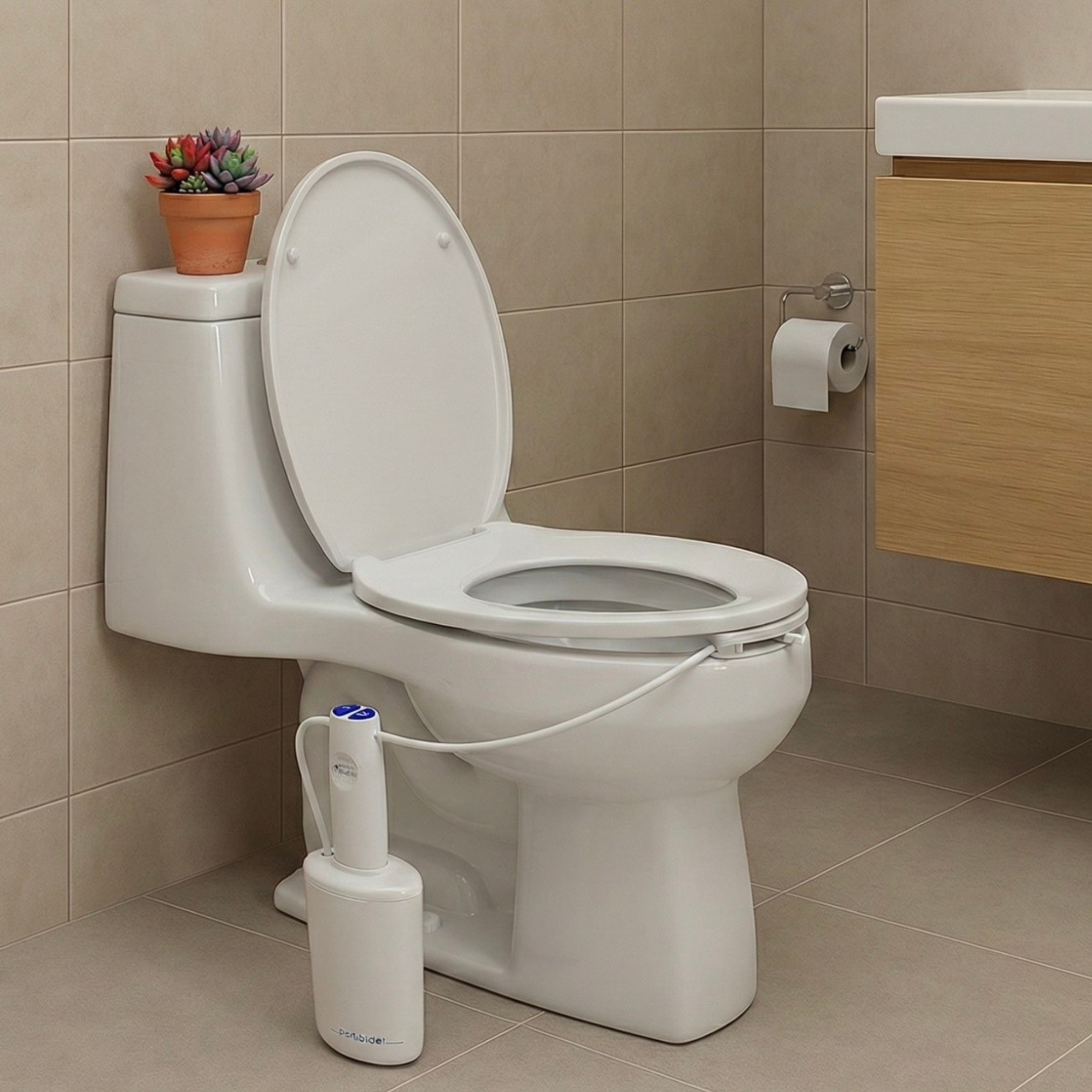 White toilet with a travel bidet in hotel room 