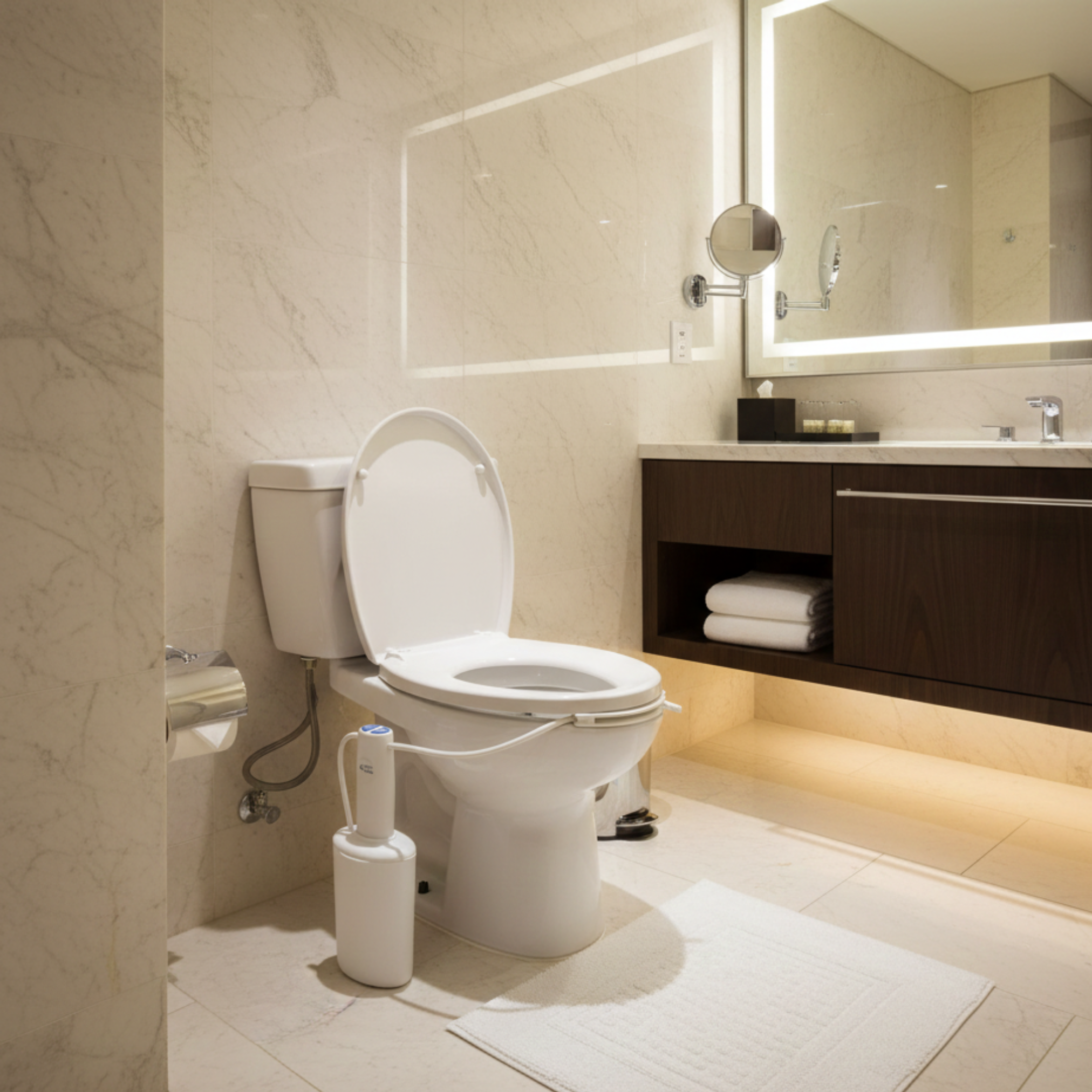Modern hotel bathroom with toilet, travel bidet, sink, and vanity area.