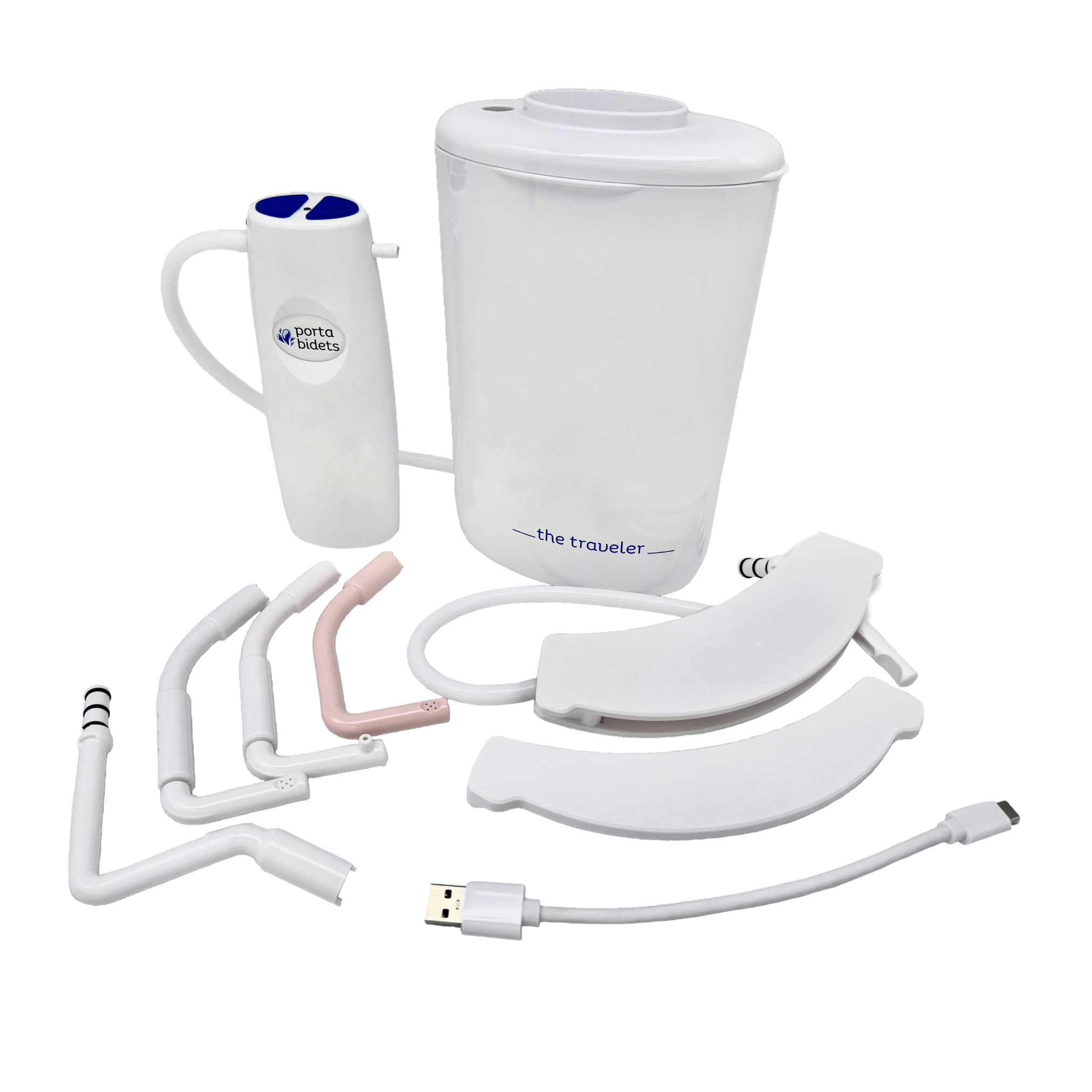 White travel bidet set with various components on a white background