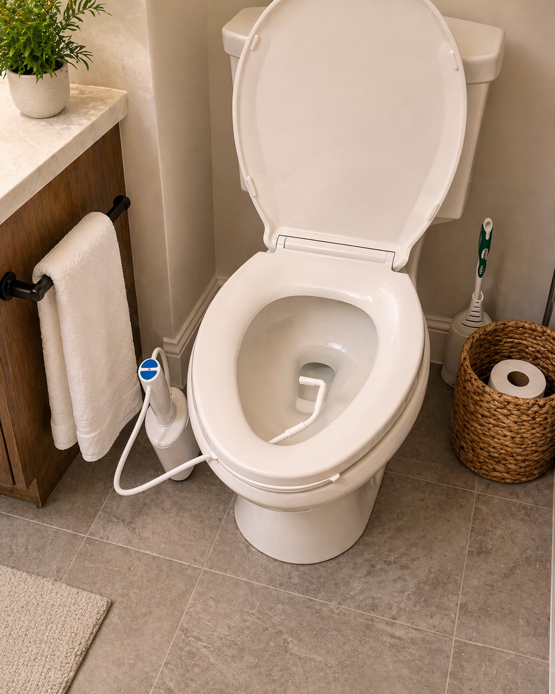 White toilet with additional seat attachment in a bathroom setting