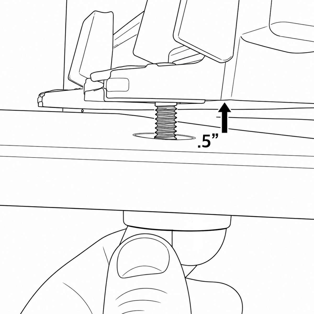Black and white line drawing showing a close-up of a threaded screw being tightened under a bracket, with an arrow and the text '.5"' indicating the adjustment distance.