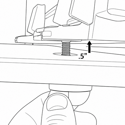 Black and white line drawing showing a close-up of a threaded screw being tightened under a bracket, with an arrow and the text '.5"' indicating the adjustment distance.