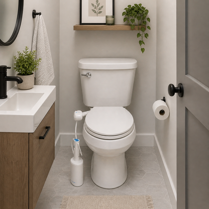 Bathroom with a toilet, sink, and  a no plumbing bidet 
