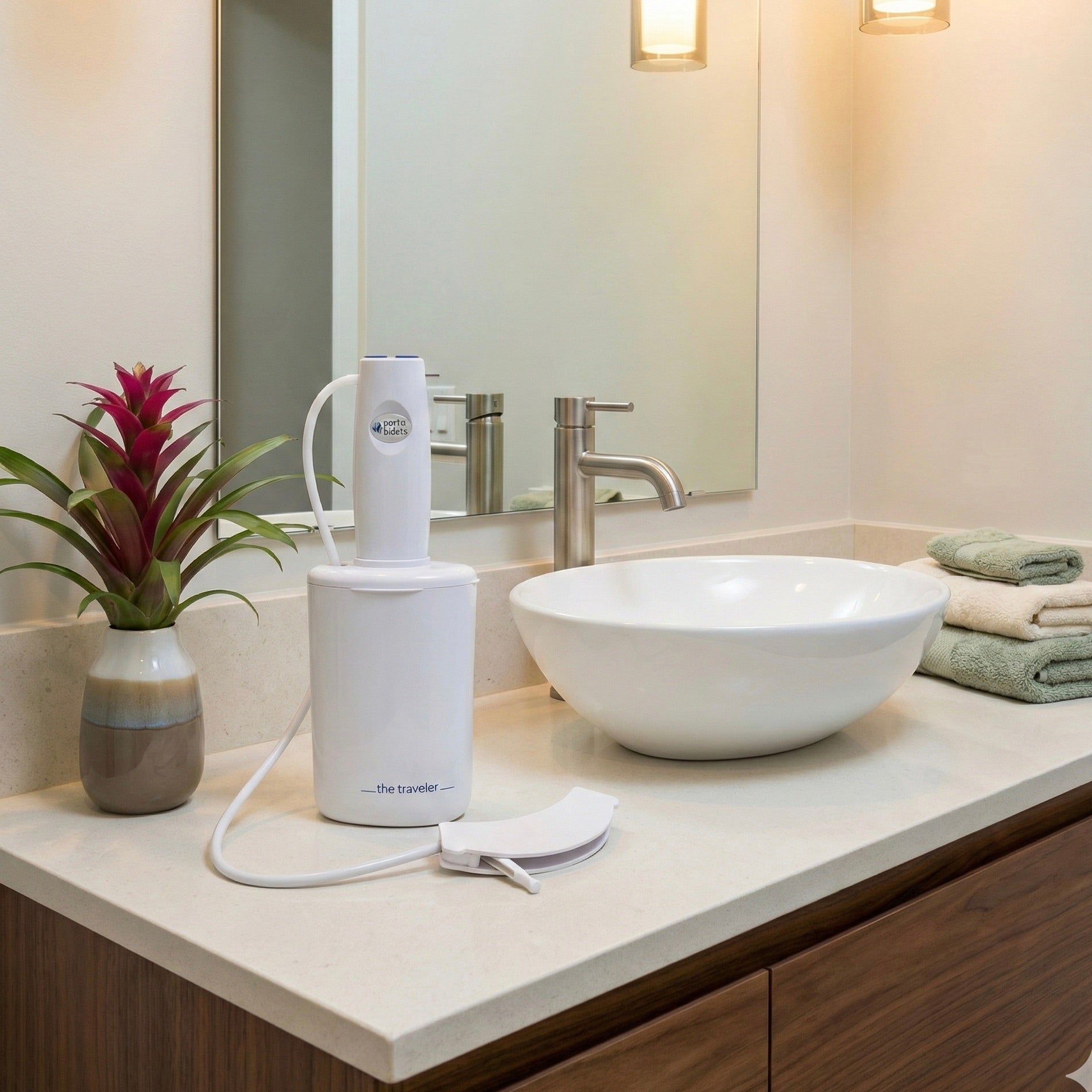 Travel bidet sitting on hotel bathroom counter