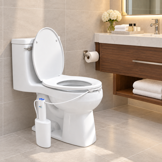 Upscale hotel bathroom with a travel bidet installed 