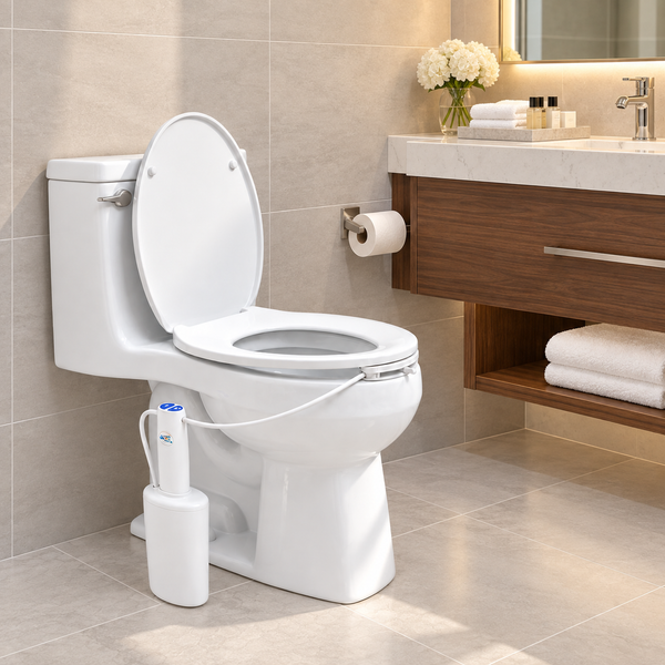 Upscale hotel bathroom with a travel bidet installed 