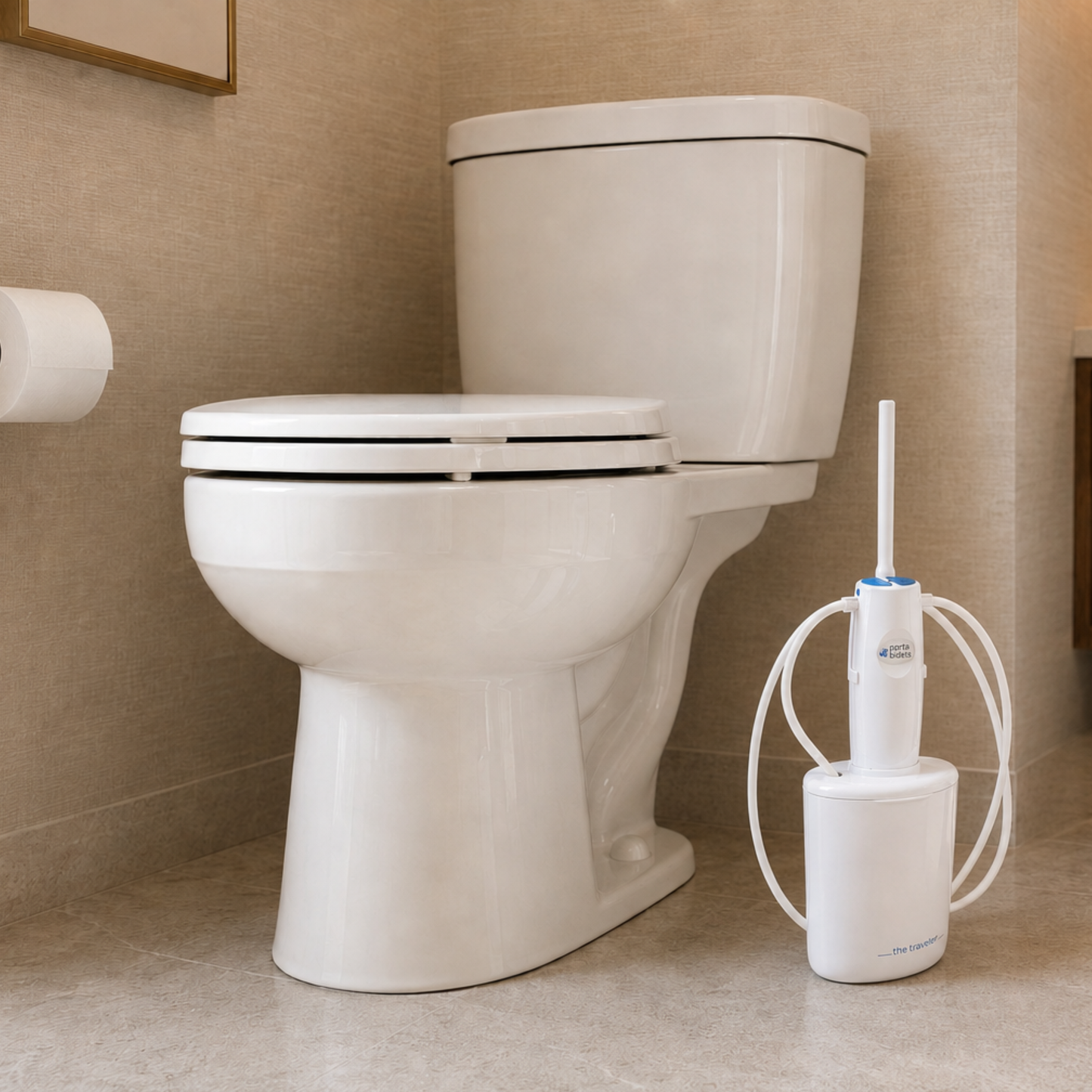 A white ceramic toilet with a closed lid sits in a beige bathroom setting, next to a white toilet travel bidet. 